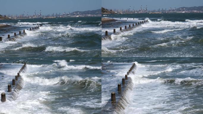 海浪拍打堤岸慢镜头