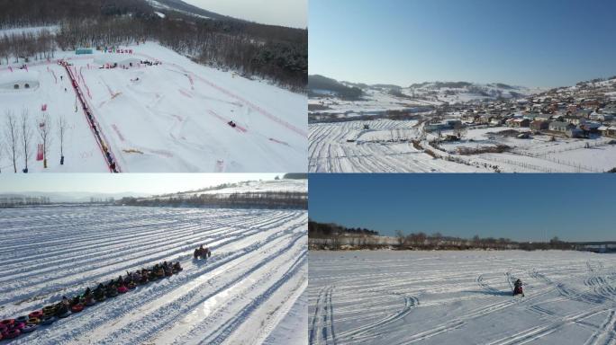 航拍滑雪场镜泊湖雪地摩托