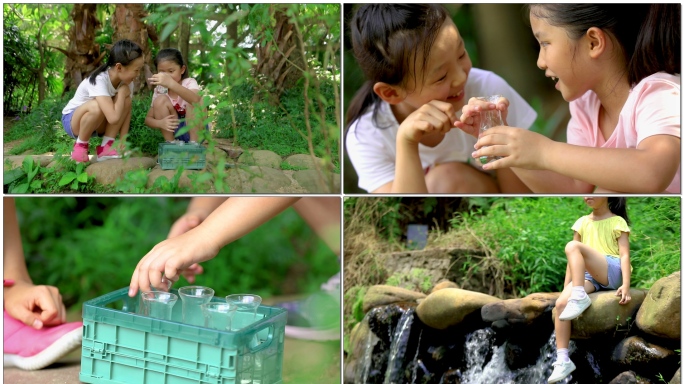 孩子小溪玩耍取水做实验净水