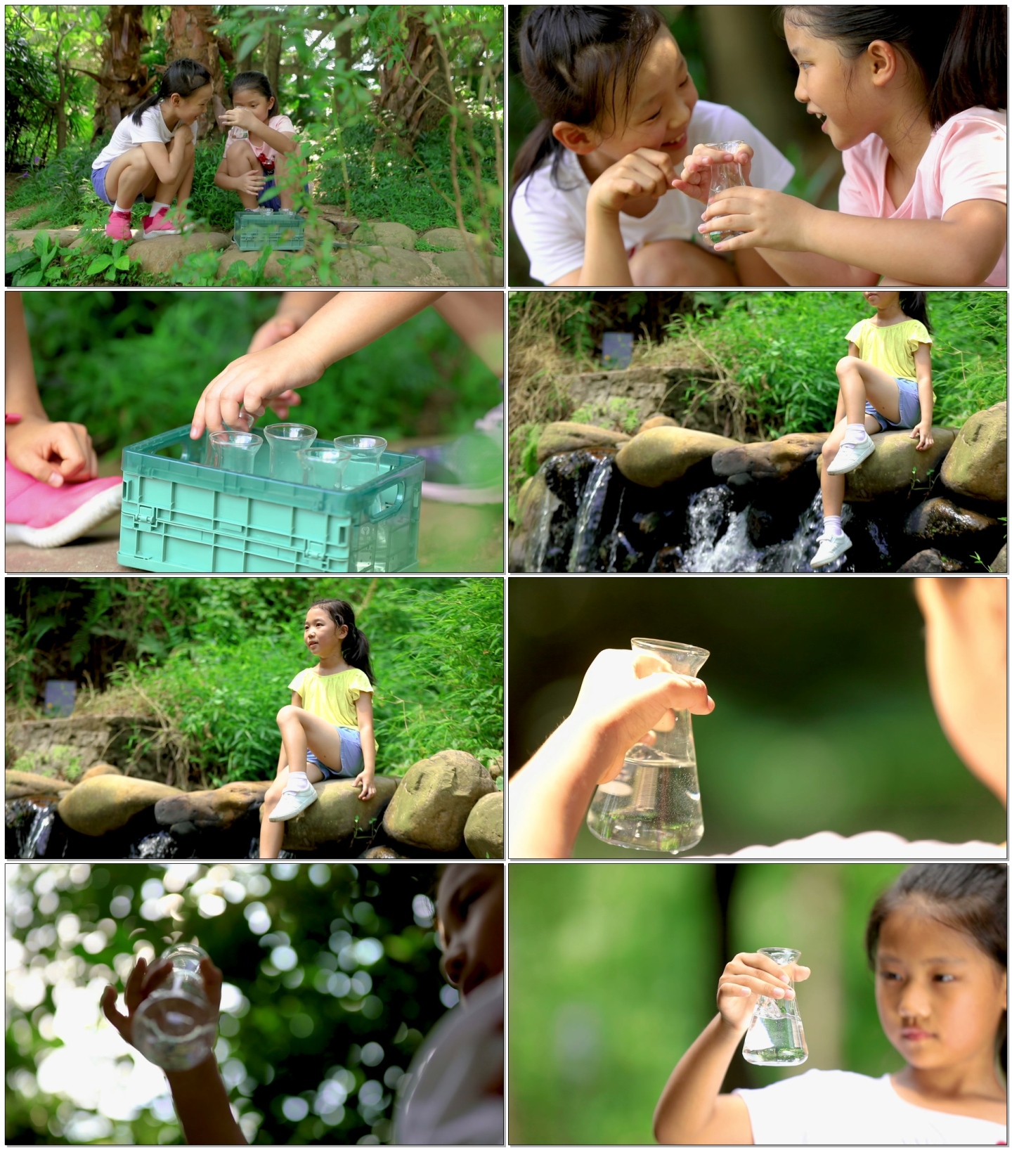 孩子小溪玩耍取水做实验净水