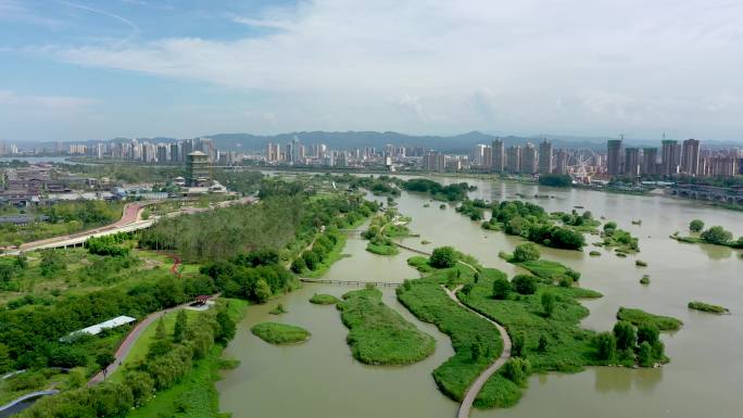 4K航拍陕西汉中湿地公园天汉长街