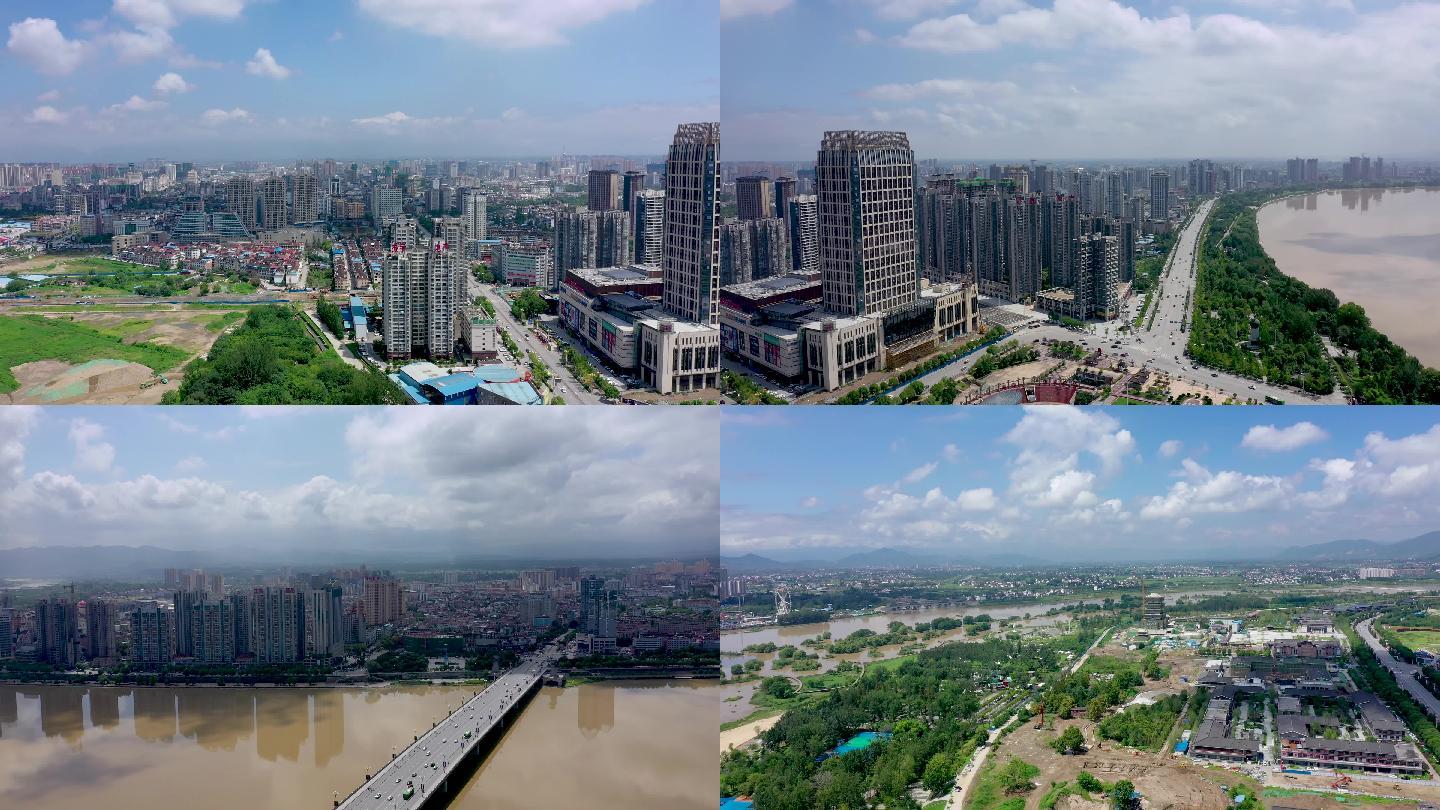 4K航拍陕西汉中城市蓝天全景江边全景