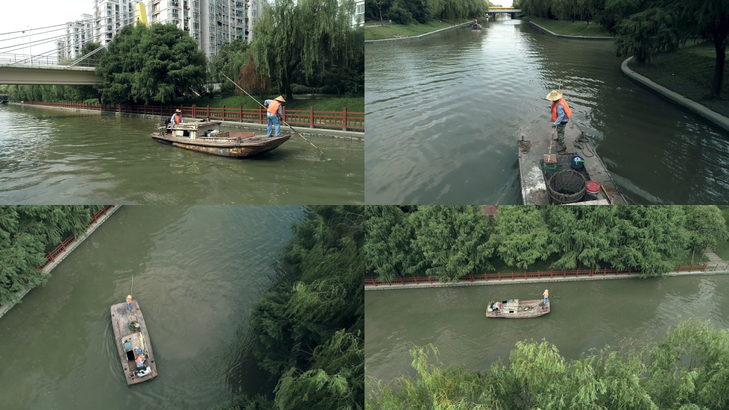 【4K】高清上海环卫清理河道航拍