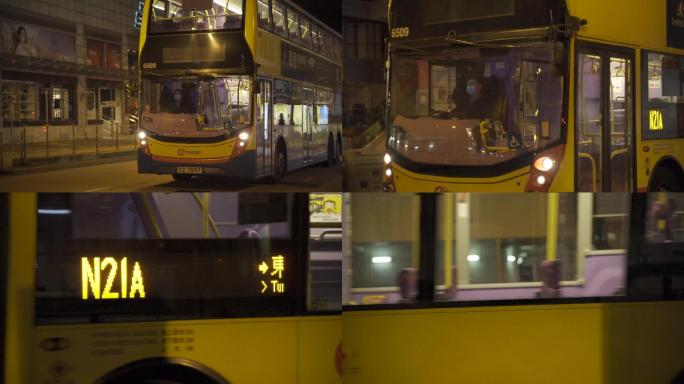 夜晚的香港双层大巴车巴士