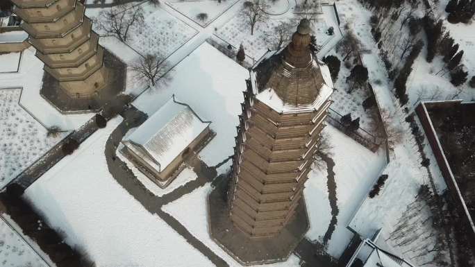 航拍太原地标双塔寺（永祚寺）