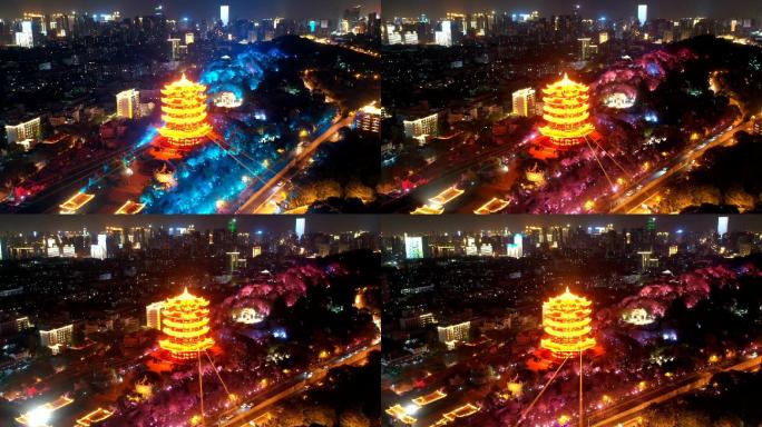 航拍武汉黄鹤楼前延时夜景