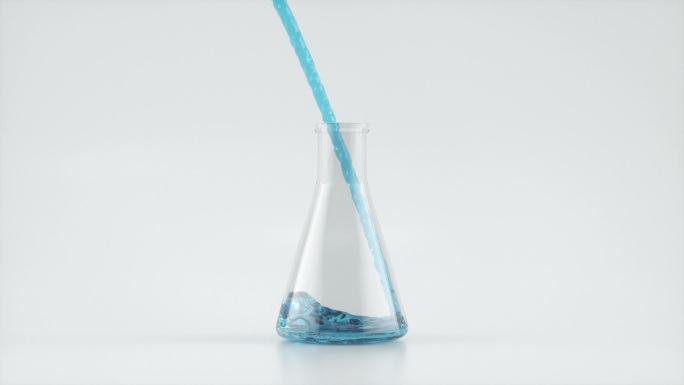 白色背景下向锥形瓶内倾倒的蓝色液体