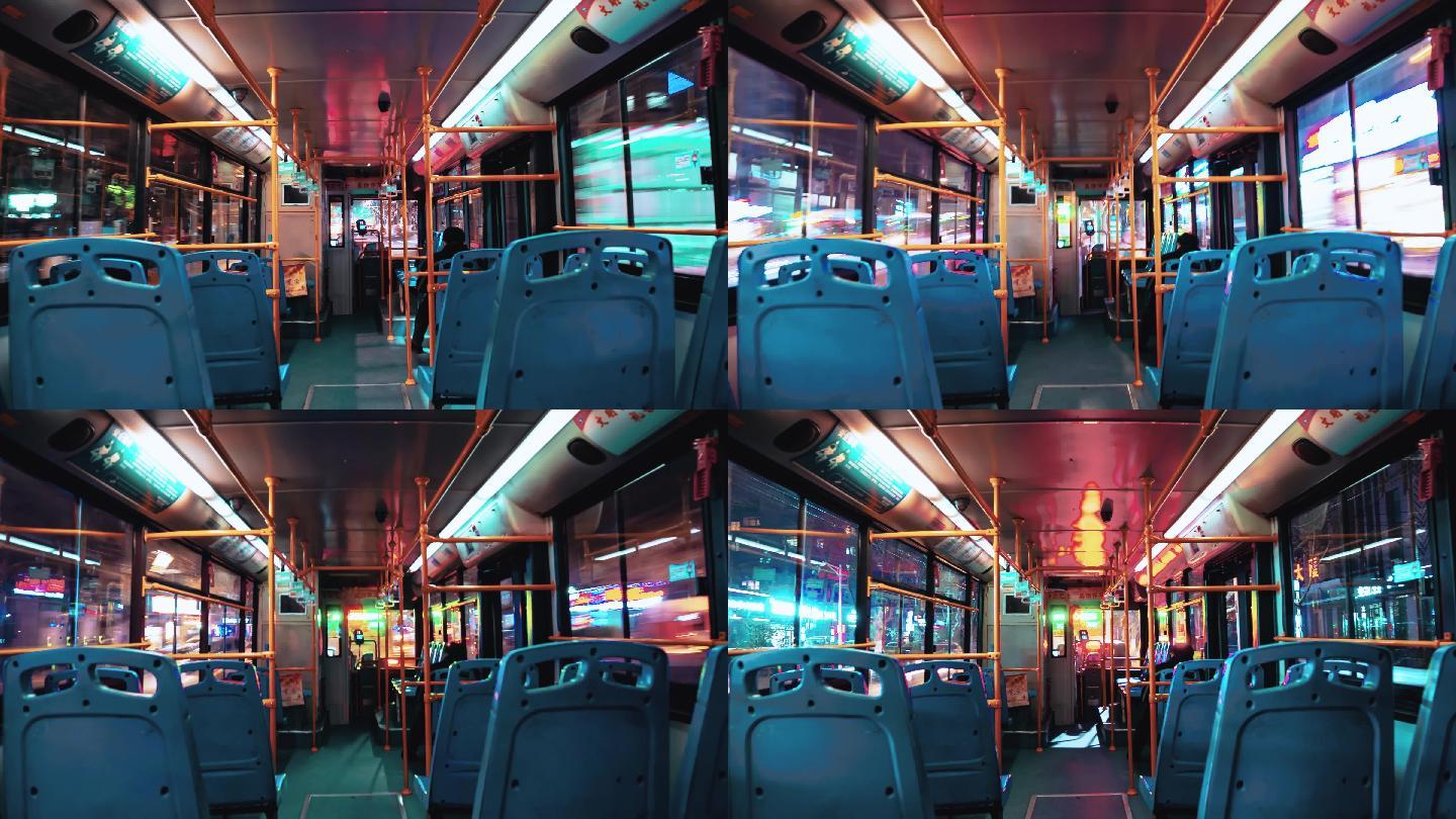 寂寞城市夜晚公交车上延时摄影