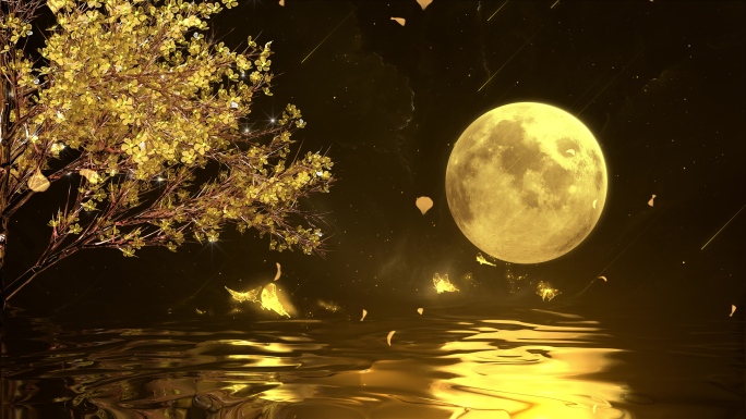 4K金色唯美湖面蝴蝶月亮视频素材