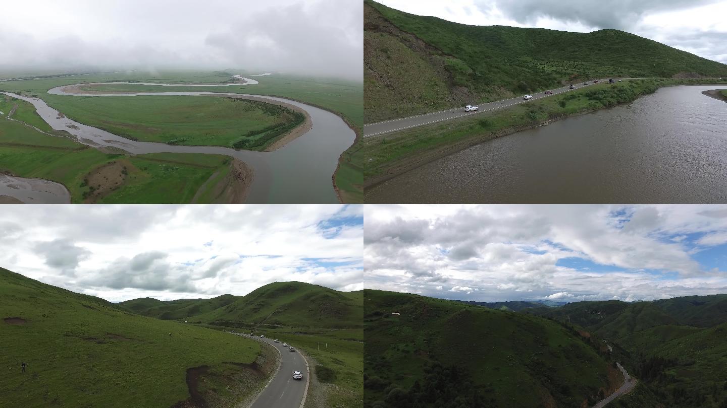 航拍大草原、大山、公路、车队、汽车西藏