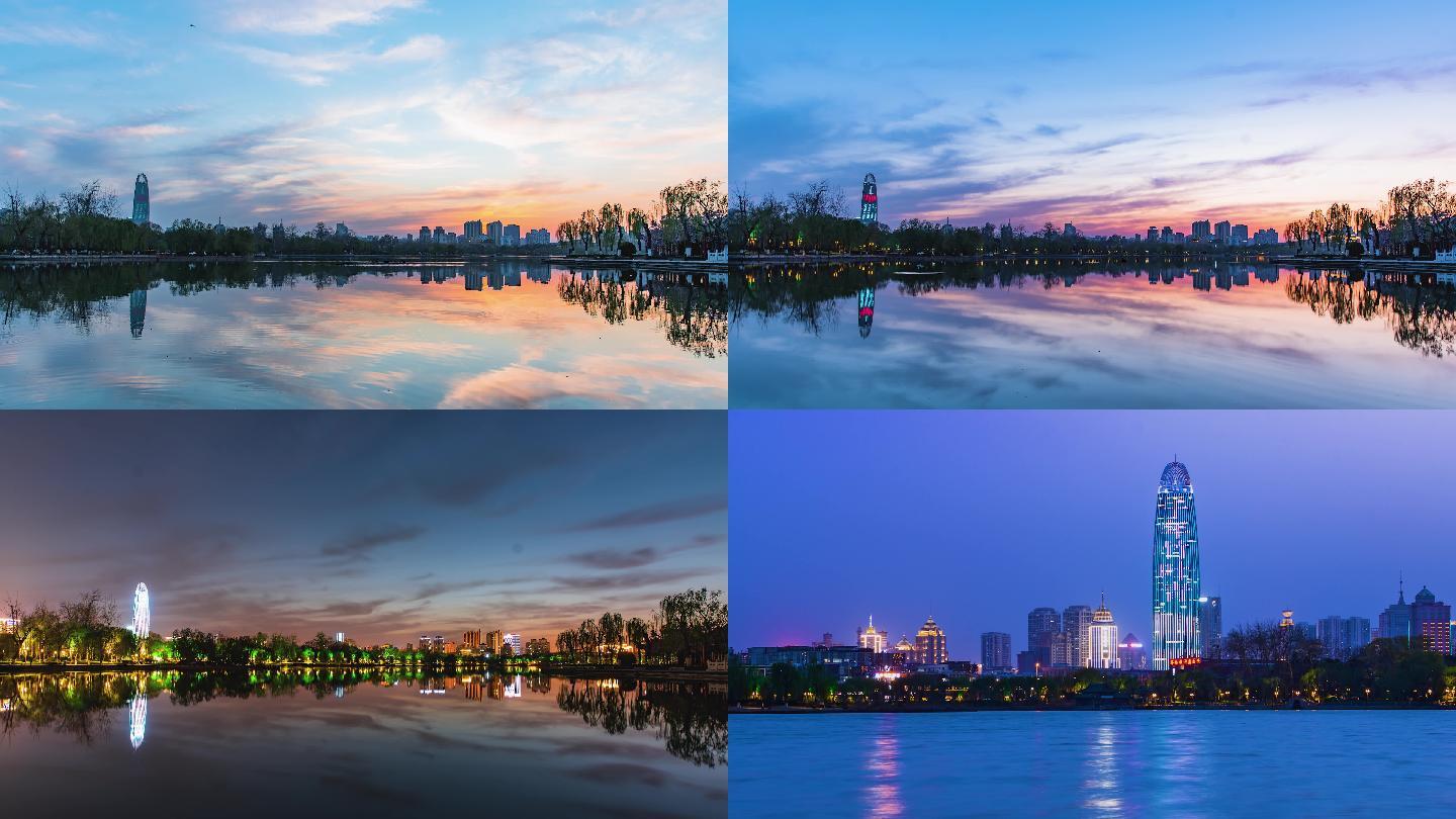 济南大明湖落日绿地中心大厦夜景延时4K