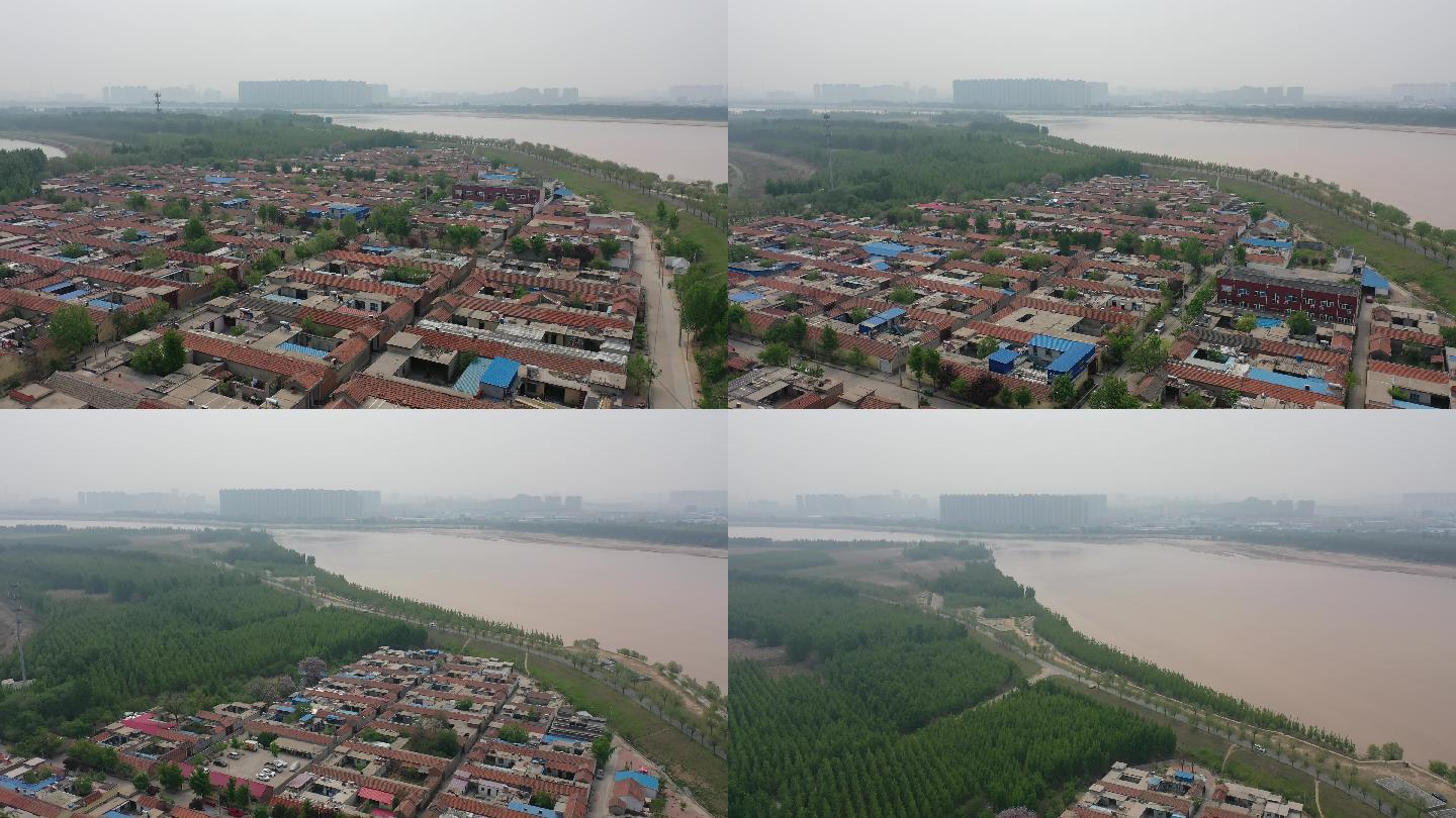 山东济南航拍黄河大堤上的大王庙村