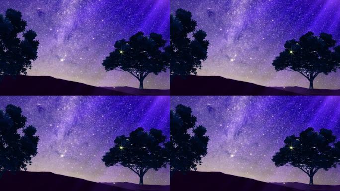 4K星空夜空下的树背景循环