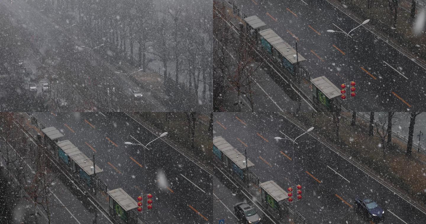 北京大雪，春雪，城市雪天街道，