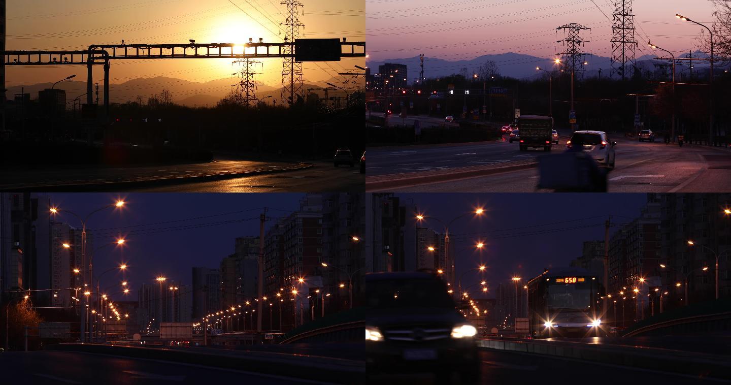 北京傍晚，黄昏路灯，城市电网高压线