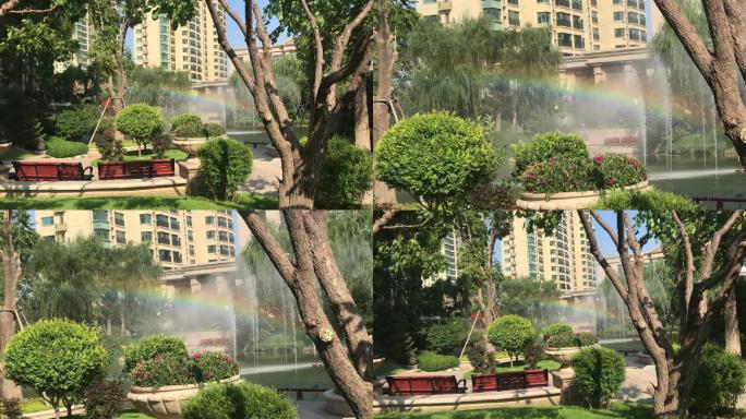 喷泉彩虹晴天雨后春天