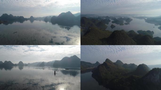 4K航拍贵阳市观山湖百花湖水墨风早晨风光