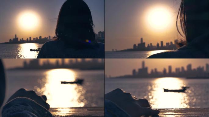 【4k画质】情绪女人海边夕阳剪影升格
