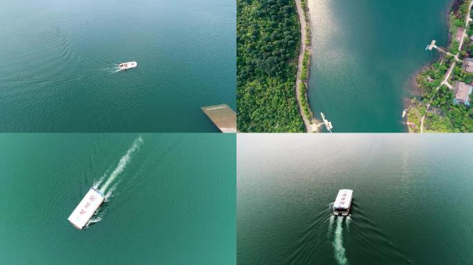 宁波九龙湖湖光山色落日船游湖植被大景航拍