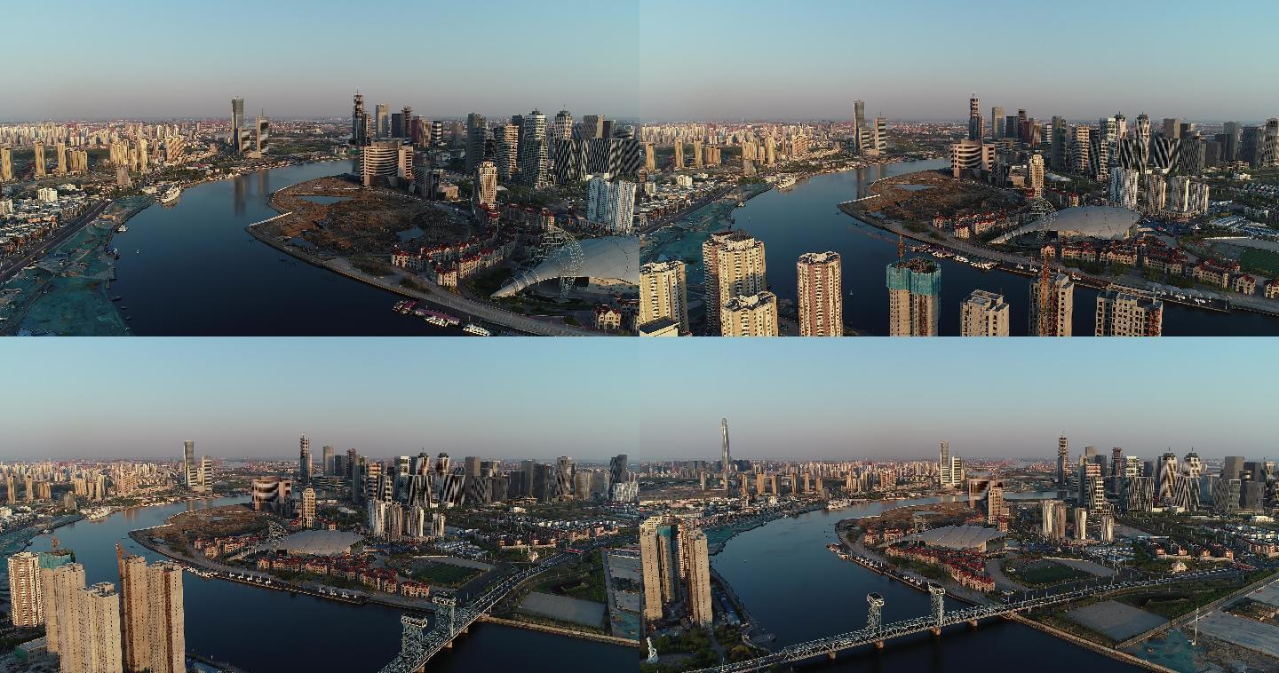 航拍4K天津市滨海新区自贸区海河湾