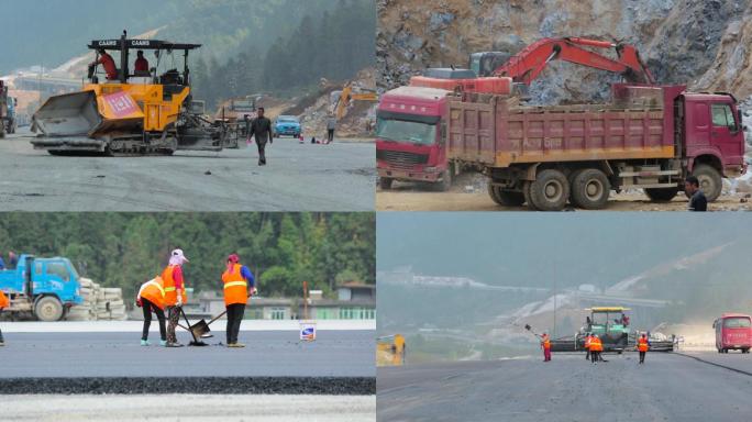 高速修路铺路压路机工人打扫大卡车运石块