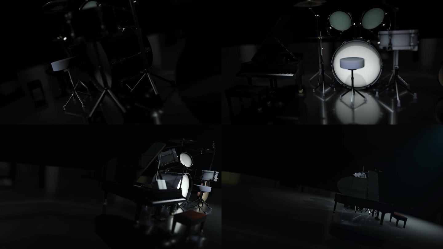 三维钢琴鼓架吉他音乐教室电影质感阴影变换