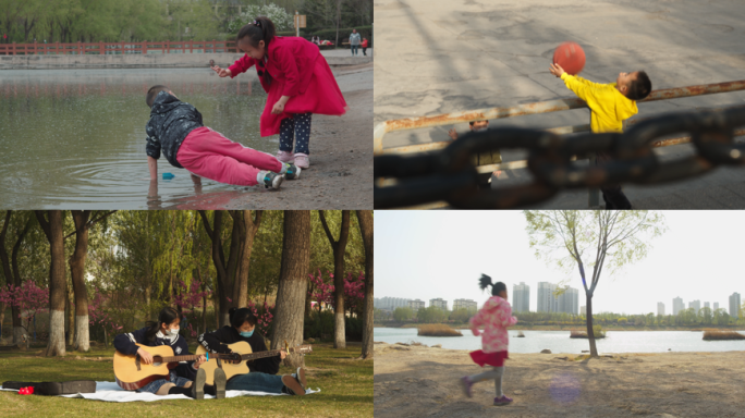 4K公园人群玩耍、春天公园开花、疫情生活