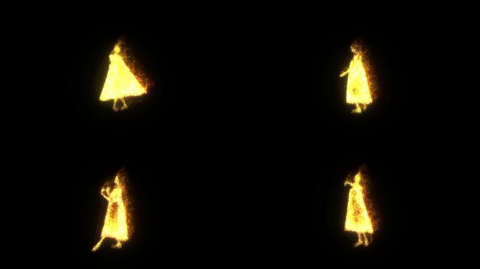 金色粒子燃烧美女跳舞素材（透明背景）