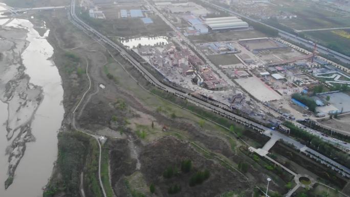 陕西渭河沿线环保治理违建拆除中航拍高