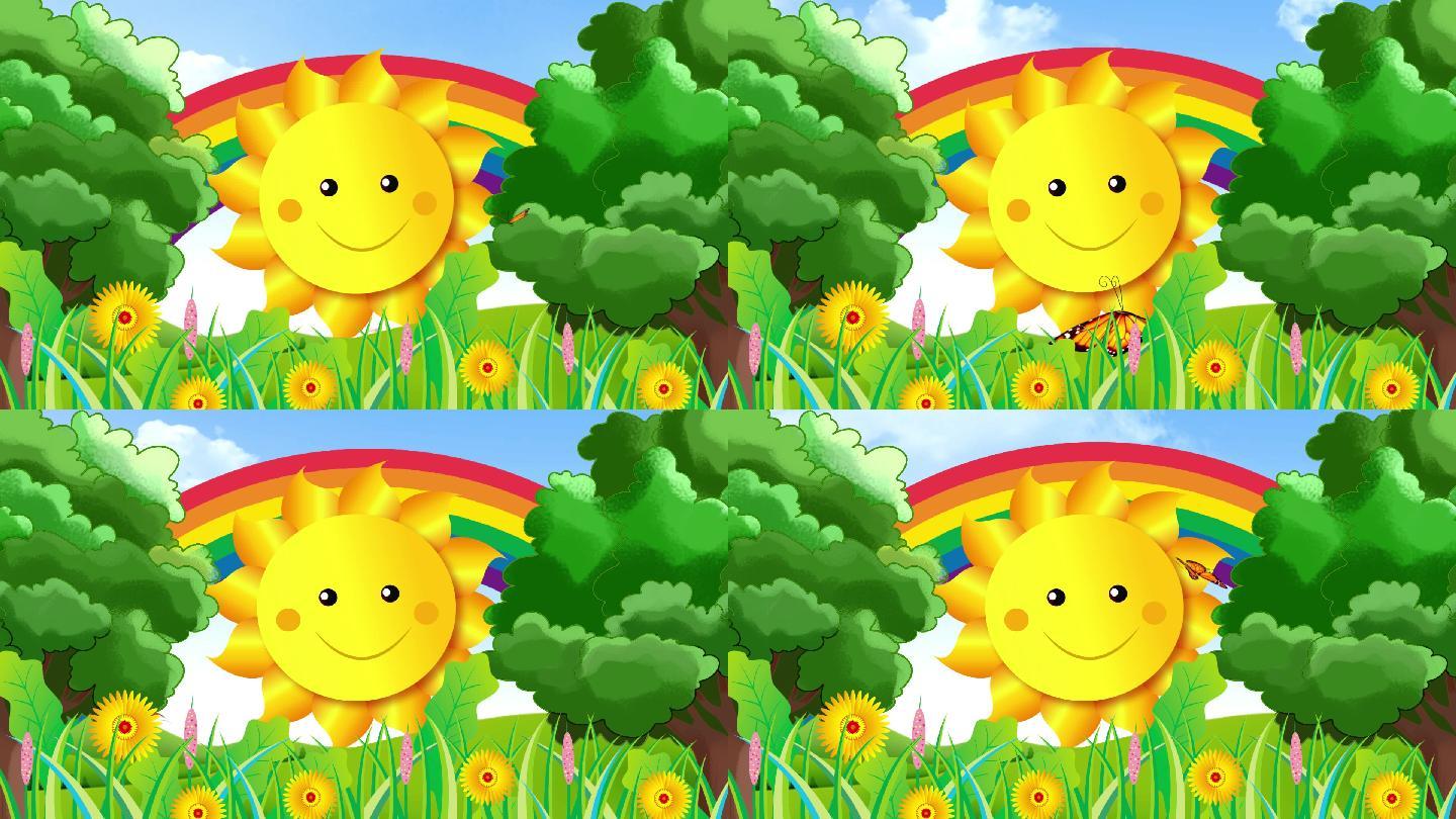 太阳彩虹卡通森林花卉儿童节表演背景视频