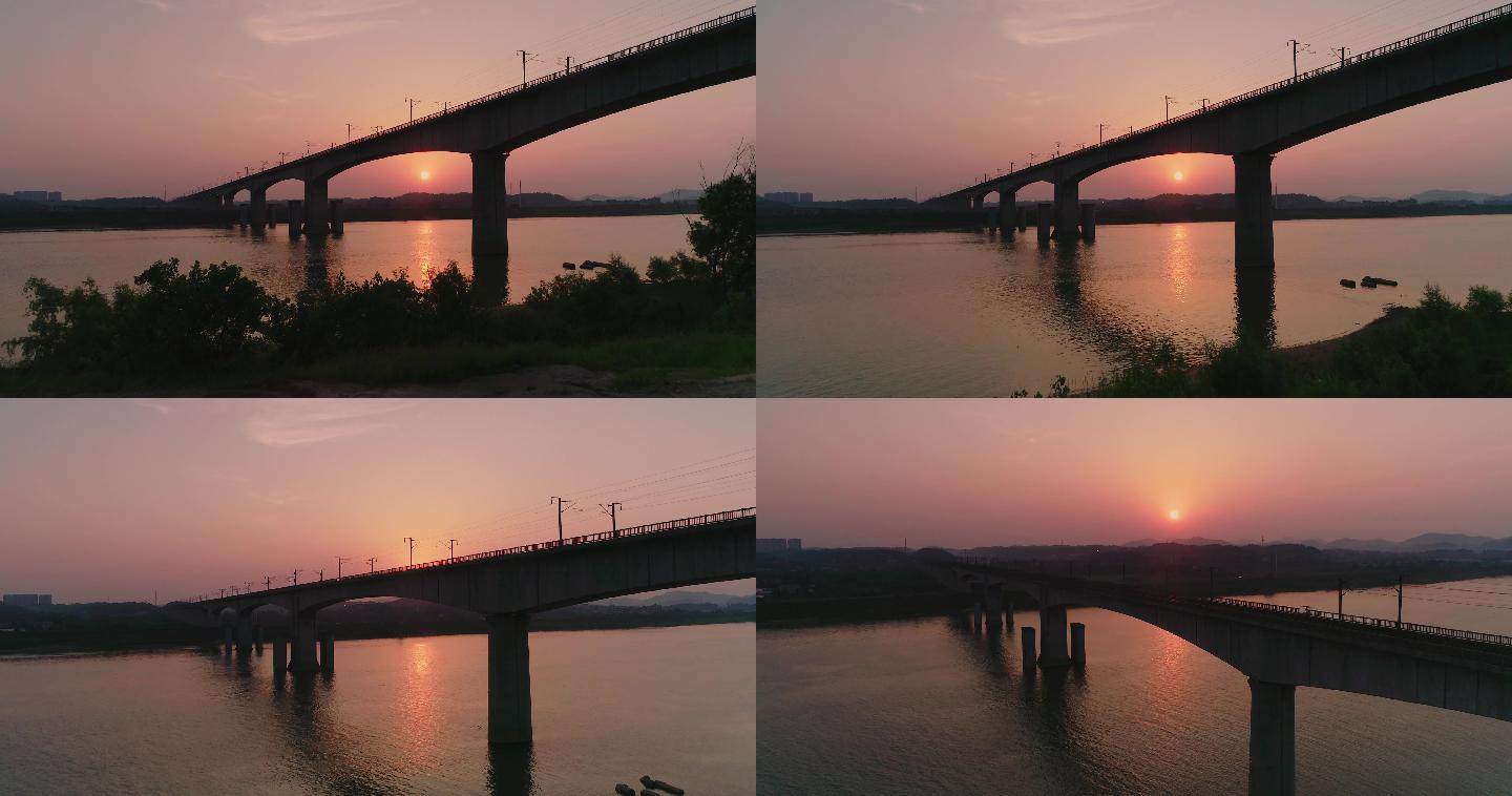 4K航拍日出后的湘江高铁特大桥