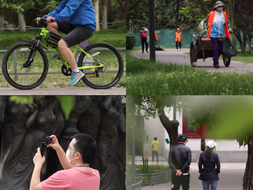 逛公园的人们-公园拍照-骑车跑步散步