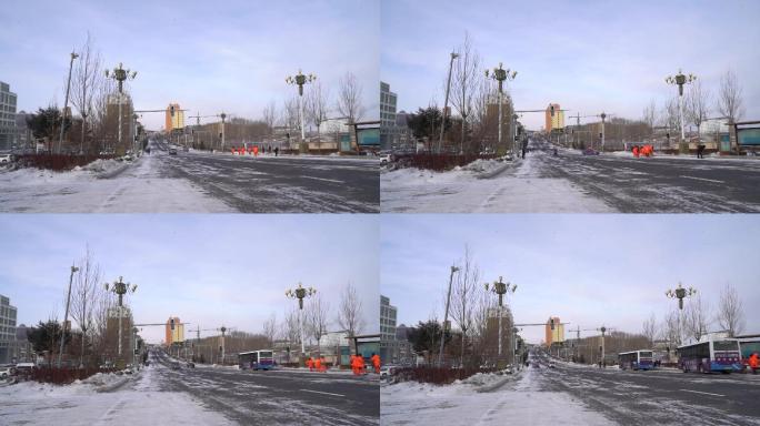 北方城市公路除雪工人延时摄影