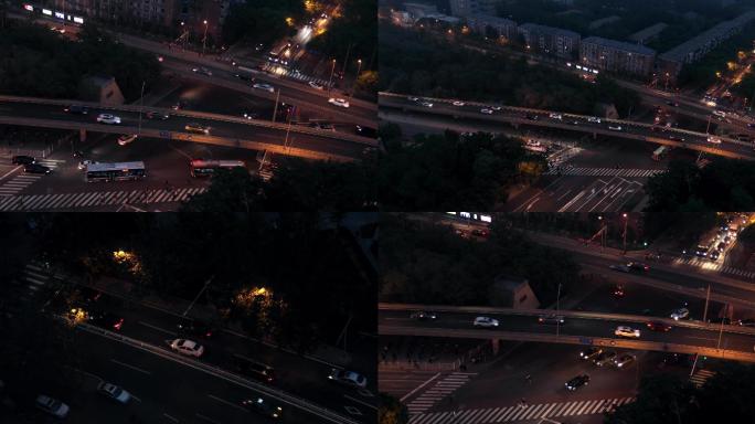 俯拍北京，夜晚城市街道，窗外街景夜景车流