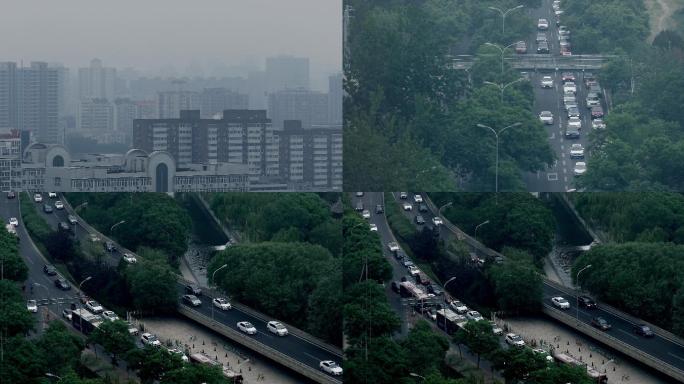北京雾霾城市，俯拍车流，空气污染