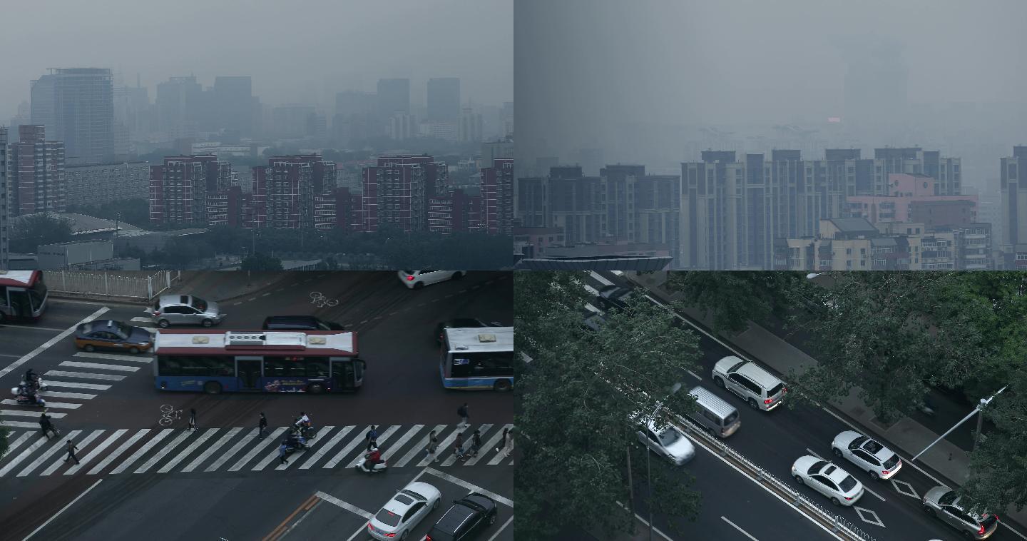 北京雾霾，空气污染，俯拍城市街道