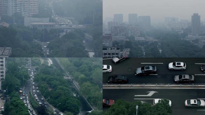 北京雾霾城市街景车流俯拍4k【4k原创】