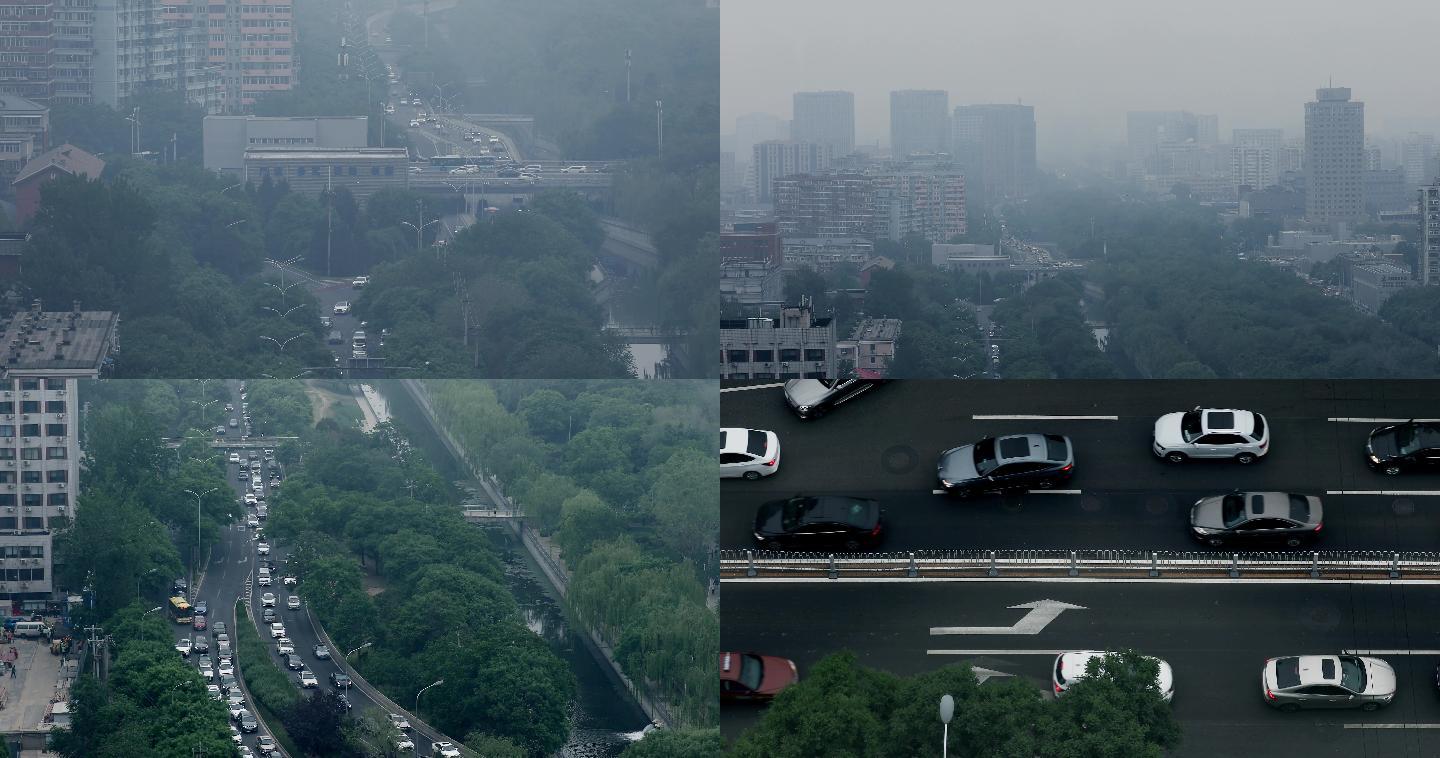北京雾霾城市街景车流俯拍4k【4k原创】
