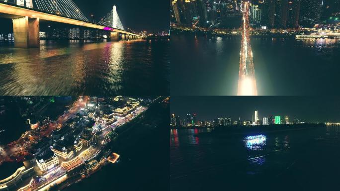 4K长沙湘江桥梁游轮夜景航拍