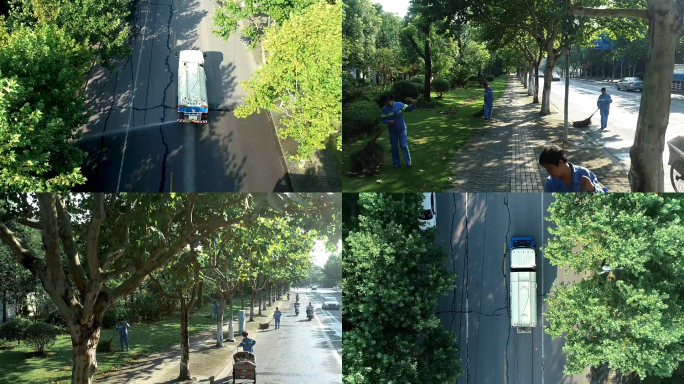 【4K】航拍城市环卫洒水车道路环卫打扫