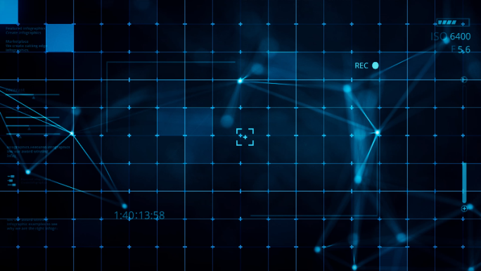 4K蓝色科技网格点线连接hud数字背景