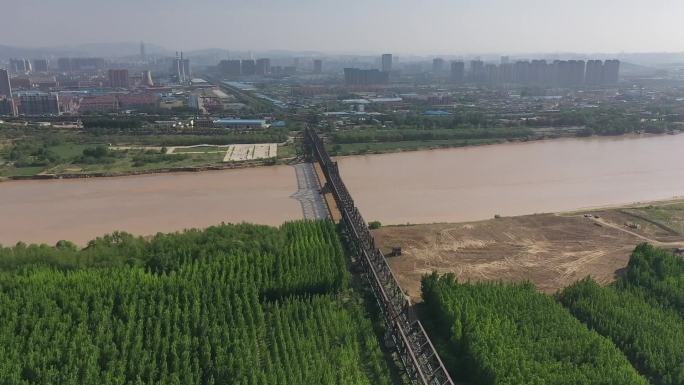 济南黄河大桥黄河铁路桥浮桥及周边航拍