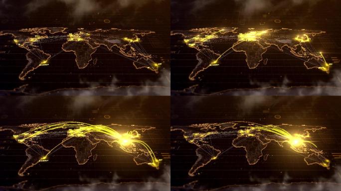 4K大气震撼立体金色世界地图光线汇聚