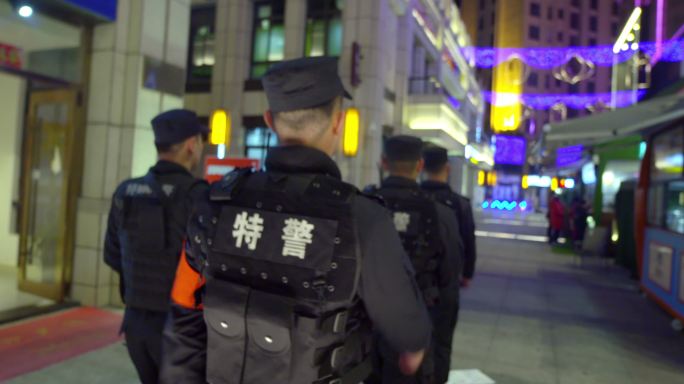 特警巡逻夜景安宁的生活安全