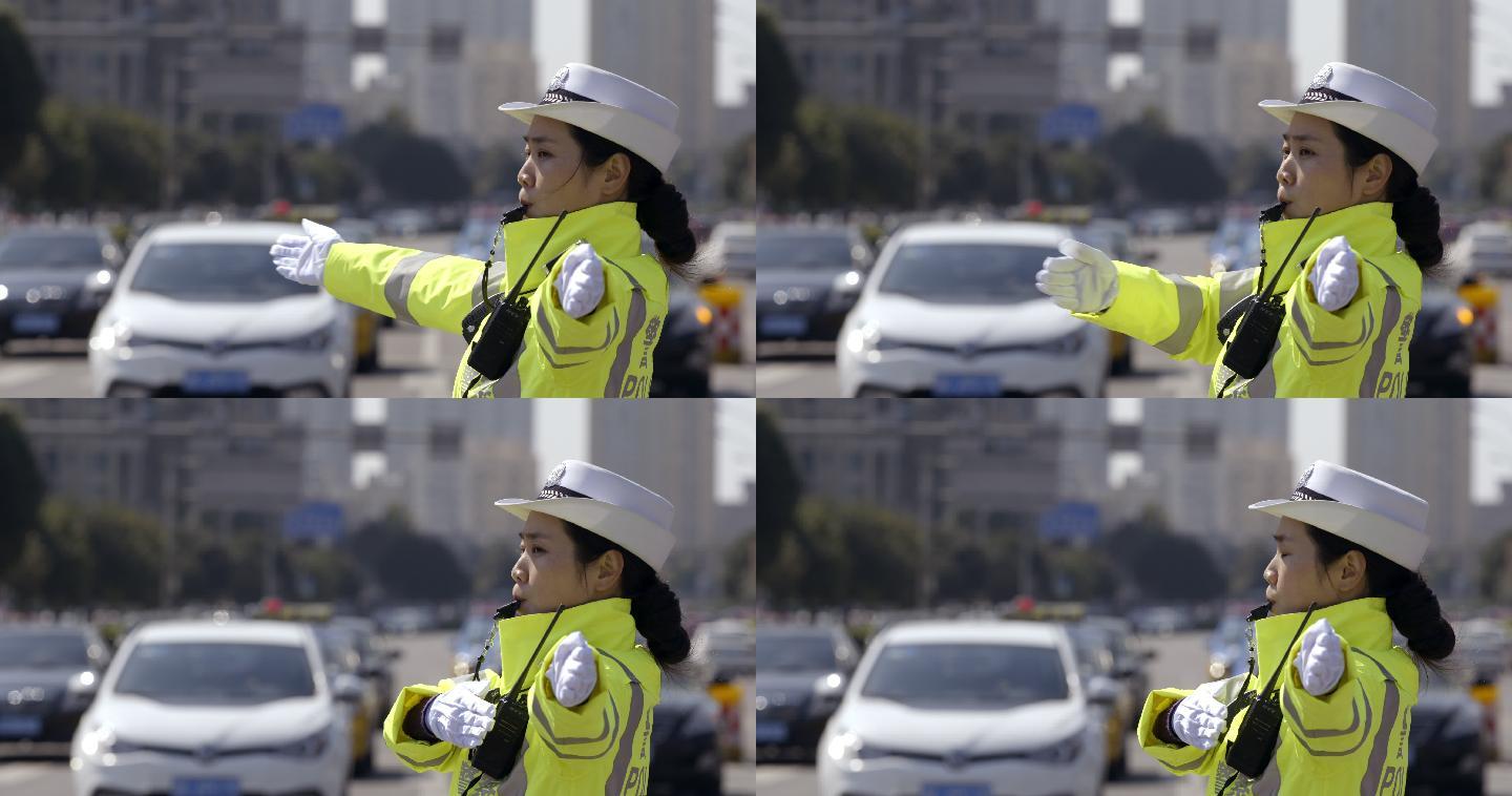 女交警指挥交通车流近景