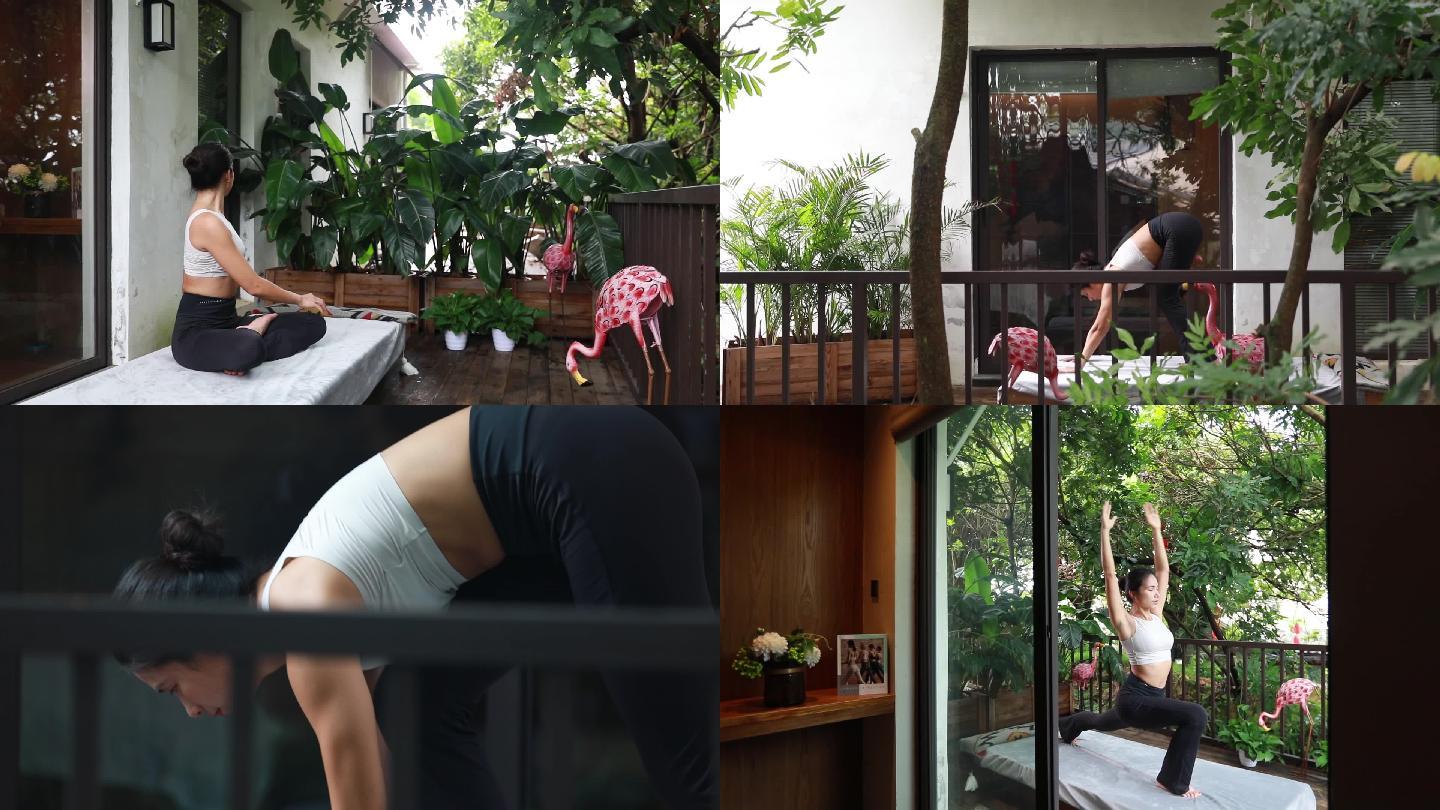 院子室内室外女性做瑜伽做运动实拍