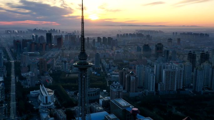 哈尔滨龙塔航拍亚洲第一高钢塔日出