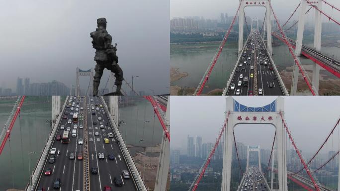 鹅公岩大桥雕像前景4k航拍