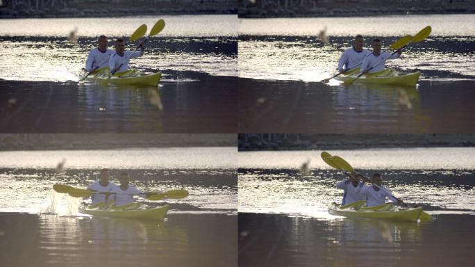 水上运动双人皮划艇平静湖面人