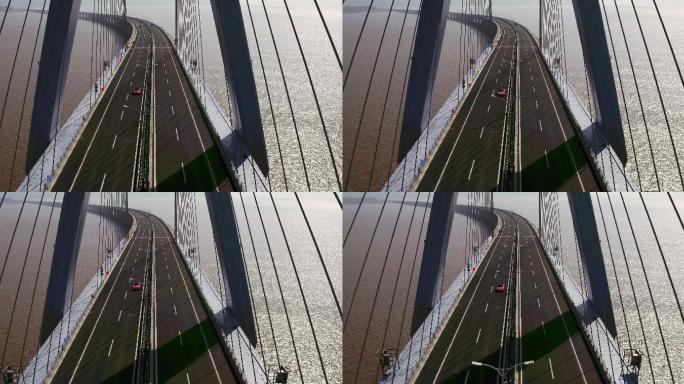 大桥跨海跨江红色跑车